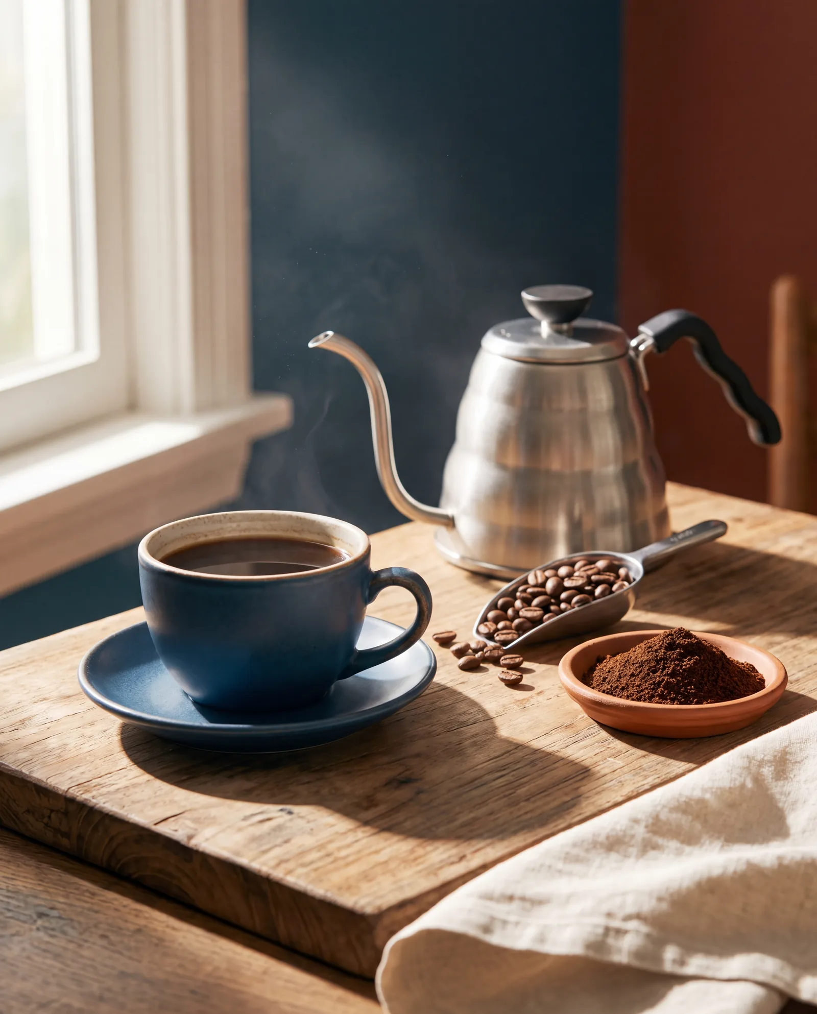 A sunlit coffee ritual: ceramic cup, coffee beans and carefully arranged brewing tools