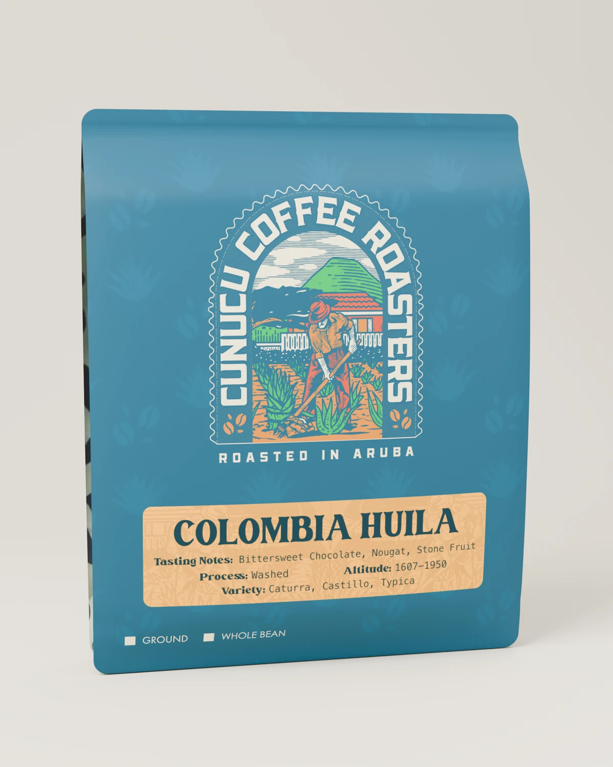 Cunucu Colombia Huila coffee in its original illustrated bag
